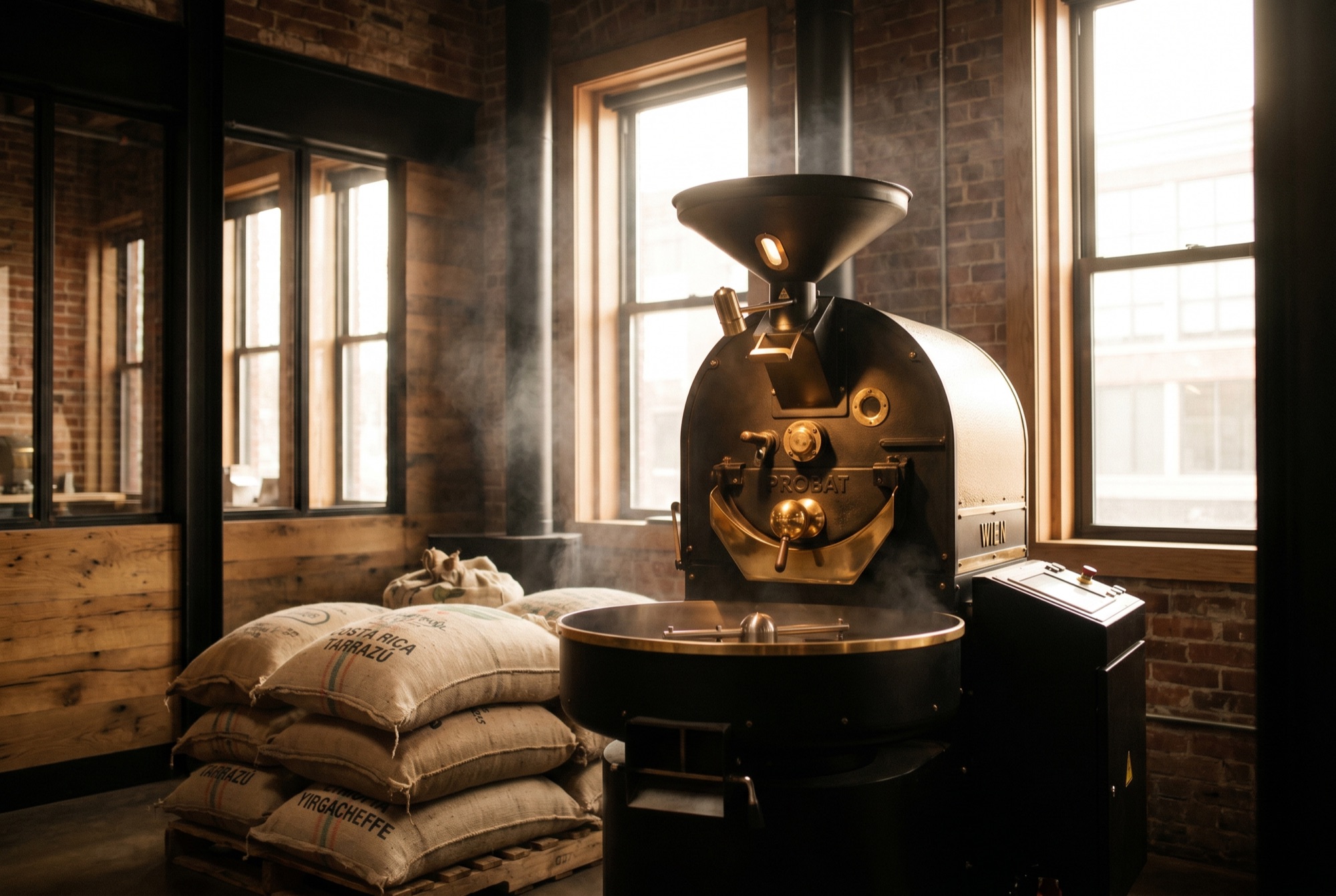 Die hauseigene Rösterei von Julius Meinl — Trommelröster aus Gusseisen und Messing, Säcke mit Rohkaffee, warmes Licht.