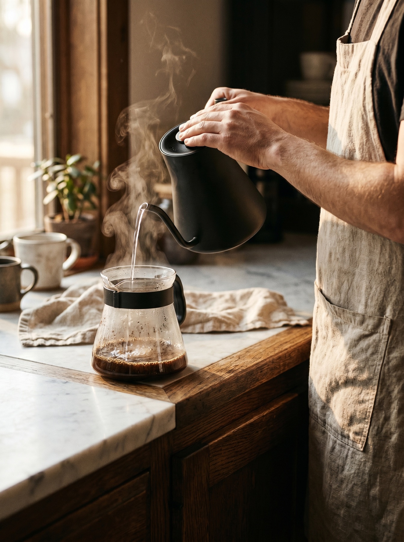 Eine Baristin gießt in langsamen, konzentrischen Kreisen Wasser über einen Keramik-Handfilter.